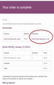 Screenshot of email for SVG box template downloads
