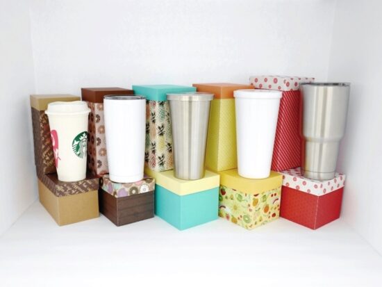 SVG Gift Boxes for Coffee Cups and Tumblers. 16oz Coffee Cup, 18.5oz Stainless Steel Coffee Cup, 19oz Stainless Steel Tumbler, and 27oz Coffee Cup